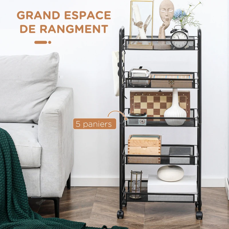 HOMCOM Chariot desserte de rangement à roulettes avec 5 paniers amovibles en acier, dim. 45L x 26.5l x 106H cm