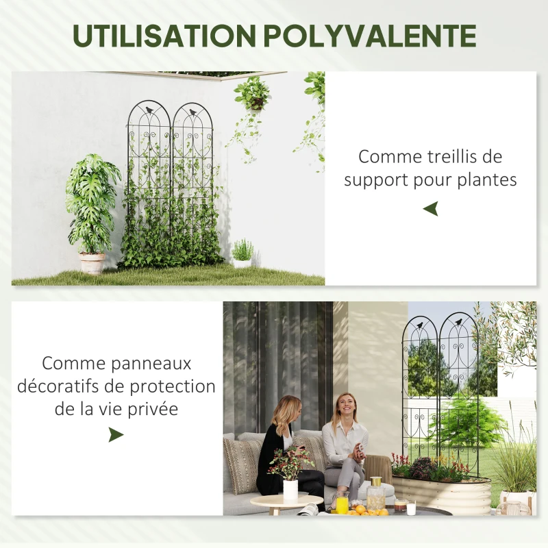 Outsunny Support pour plantes grimpantes avec oiseaux lot de 2 treillis de jardin pour légume vigne fleur métal 50 x 180 cm noir