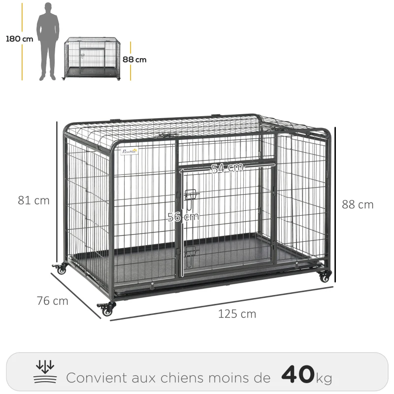 PawHut Cage pour chien pliable cage de transport sur roulettes 2 portes verrouillables plateau amovible dim. 125L x 76l x 81H cm métal gris noir