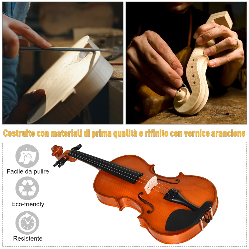HOMCOM Violino 4/4 per Adulti con Accessori Inclusi (Custodia, Archetto, Corde, Ponticello, Accordatore) 58.5 x 21.5 x 7cm