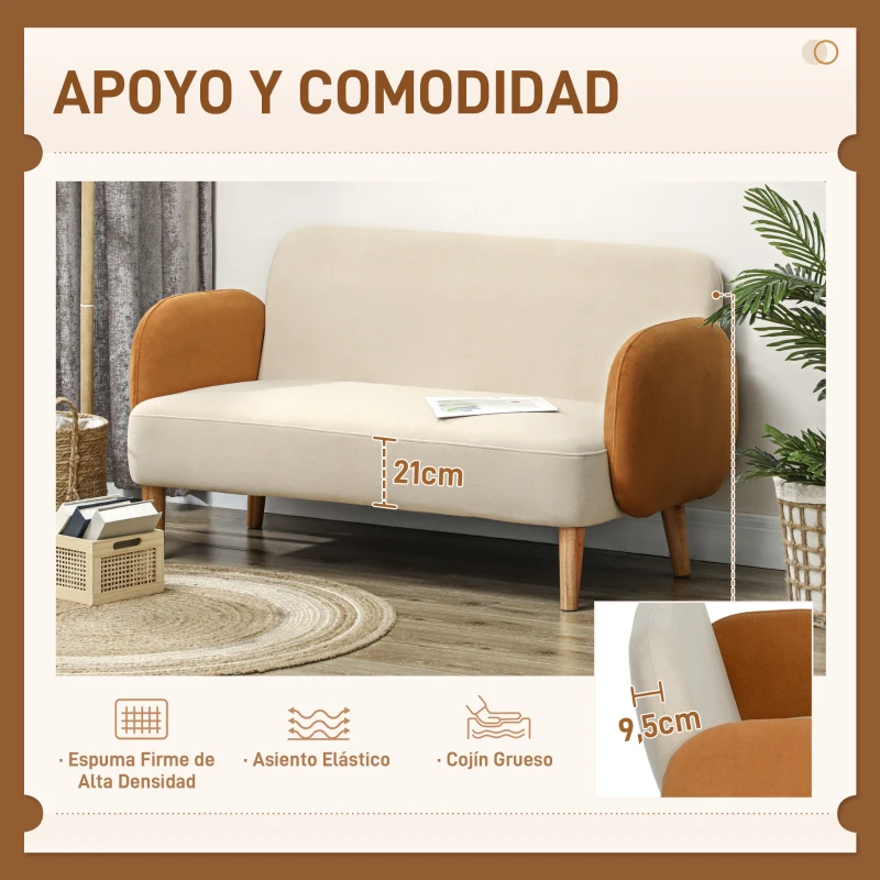 HOMCOM Sofá de 2 Plazas Tapizado en Terciopelo con Reposabrazos y Patas de Madera Sofá Pequeño Carga 240 kg 130x74x76 cm Crema