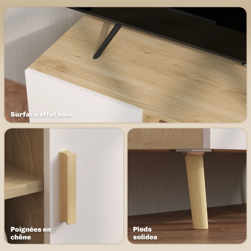 HOMCOM Meuble TV meuble télé bois banc TV jusqu'à 50 pouces avec étagères, 2 placards et passe-câbles, chêne
