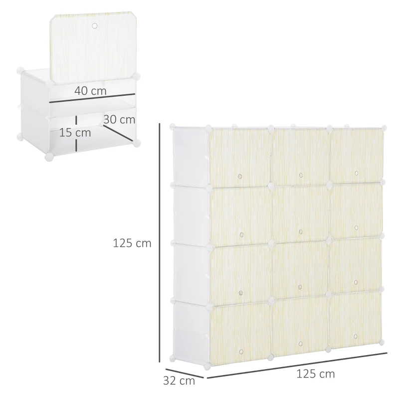 HOMCOM Armario Modular de Plástico Armario Portátil con 12 Cubos Organizador de Zapatos 125x32x125 cm Blanco