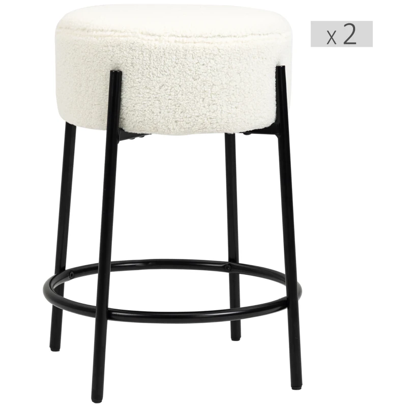 HOMCOM Lot de 2 tabourets de bar avec repose-pieds acier et revêtement effet laine bouclée hauteur 62 cm blanc et noir