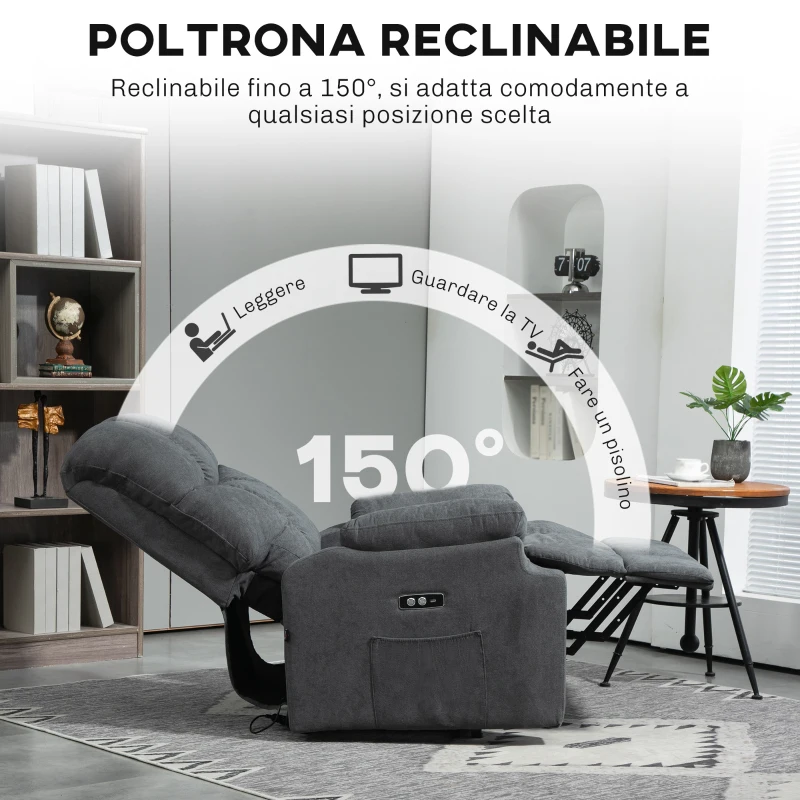 HOMCOM Poltrona Alzapersona con Poggiapiedi, in Tessuto Effetto Lino, 84x96x100 cm, Grigio Scuro