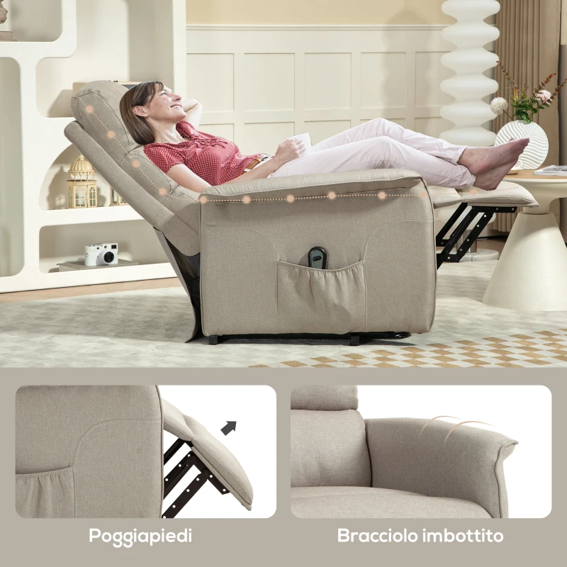 HOMCOM Poltrona Alzapersona Elettrica Reclinabile con Poggiapiedi, Telecomando  e Tasca, Beige