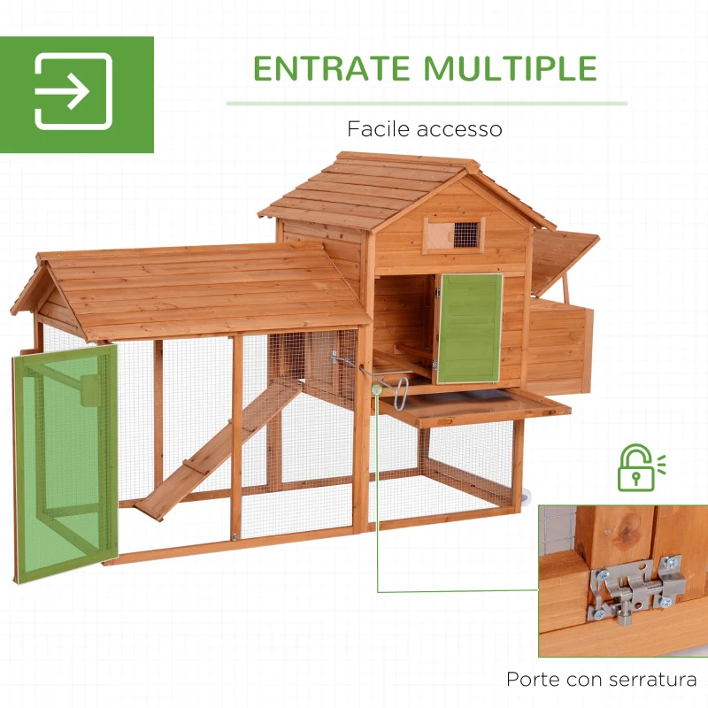 PawHut Pollaio per Galline Ovaiole, Gabbia per Galline e Polli Zincata per Esterno Grande, con Recinto e Ruote in Legno Naturale 210x90x130cm