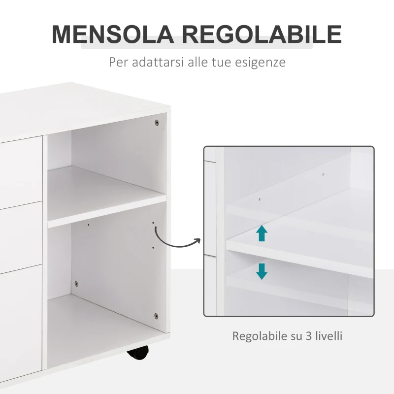 HOMCOM Mobile Porta Stampante con 3 Cassetti in Legno, Mobile Ufficio Multiuso con 4 Ruote e Ripiani Aperti, 80x40x65cm, Bianco
