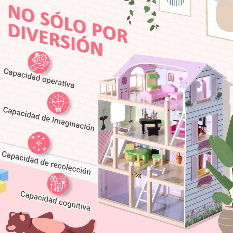 HOMCOM Casa de Muñecas Infantil con Muebles Casa de Muñecas de 4 Pisos con 13 Accesorios 60,5x30x80,5cm Rosa