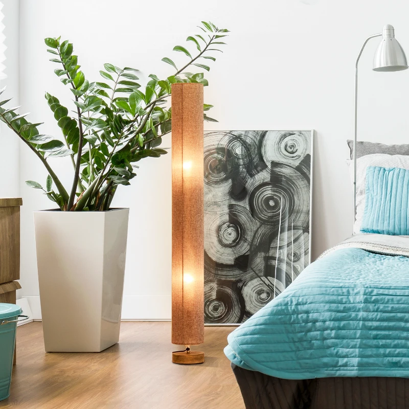 HOMCOM Lampe lampadaire colonne sur pied abat-jour lin circulaire double lumière tamisée 40 W dim. Ø 15 x 120H cm gris chiné