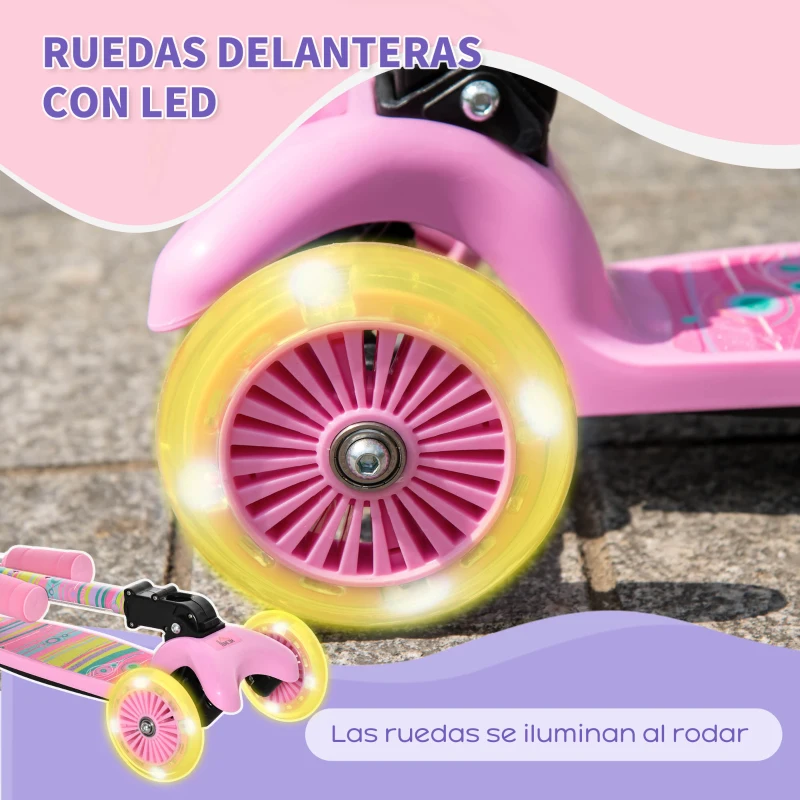 HOMCOM Patinete para Niños de +3 Años Plegable Patinete 3 Ruedas con Luces LED Manillar Altura Ajustable y Freno Posterior Carga Máxima 50 kg 54,7x32,5x59-69 cm Rosa