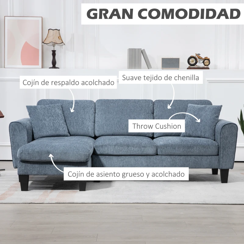 HOMCOM Sofá Rinconera Chaise Lounge Reversible en Forma de L con 2 Cojines Carga 200 kg 230x138x87 cm Azul Oscuro