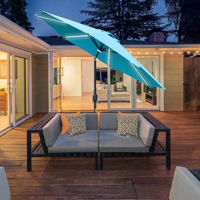 Outsunny Parasol lumineux octogonal inclinable dim. Ø 2,7 x 2,45H m parasol LED solaire métal polyester haute densité bleu turquoise