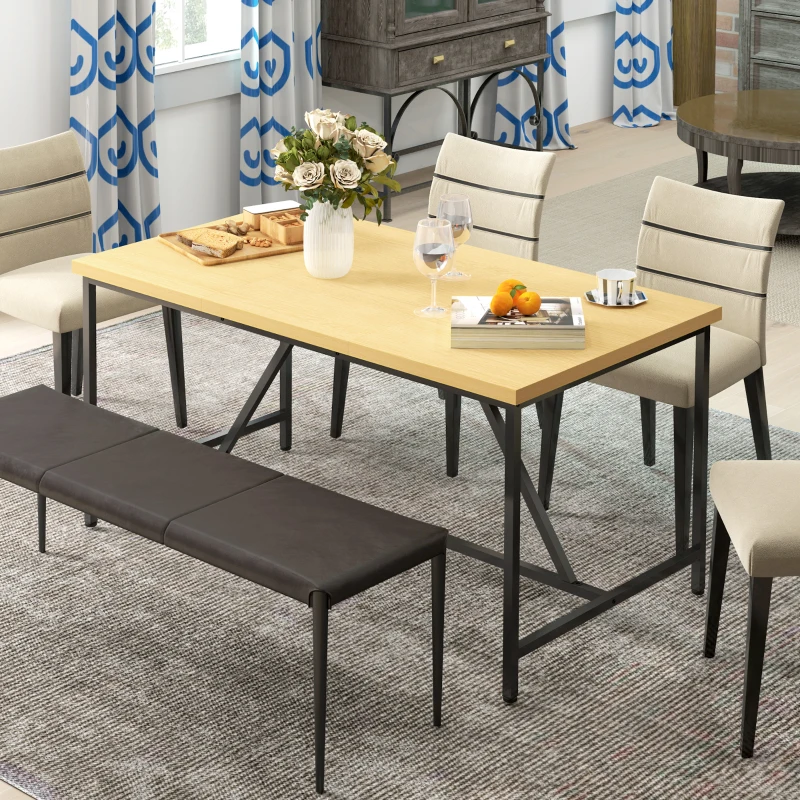 HOMCOM Table à manger pour 6 personne, meuble polyvalent, plateau aspect bois et pieds en acier noir avec patins réglables