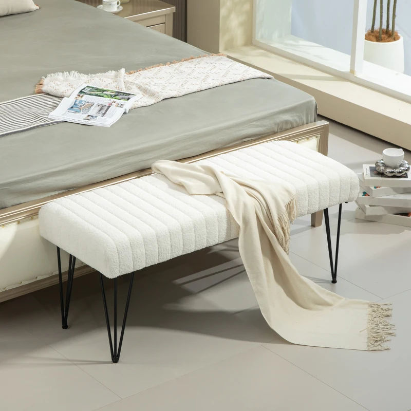 HOMCOM Panca Fondoletto Moderna con Gambe a Forcina, in Tessuto Effetto Ciniglia, Legno e Metallo, 118.5x46x49.5 cm, Crema
