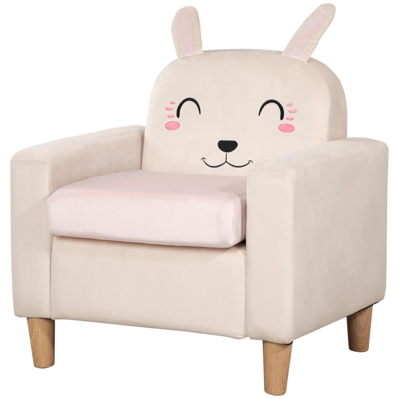 HOMCOM Poltroncina per Bambini con Design a Coniglio e Gambe in Legno, 53x47x54.5cm, Crema