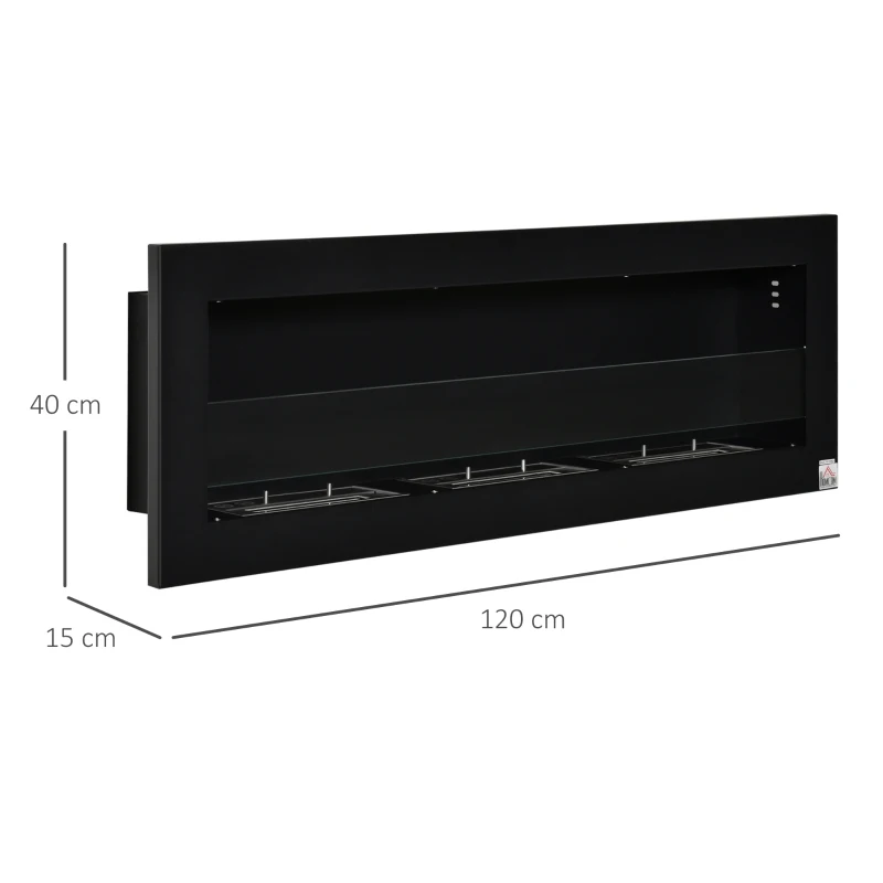 HOMCOM Cheminée bioéthanol Murale encastrable 3 brûleurs 3 L au total, environ 3 h de durée de combustion, dims. 120L x 15l x 40H cm, acier inox noir(m-3)
