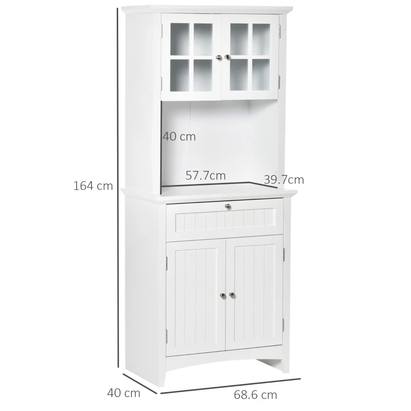 HOMCOM Kitchen Cupboard, Wooden Storage Cabinet with Framed Glass Door, Drawer, Microwave Space for Dining and Living Room, White