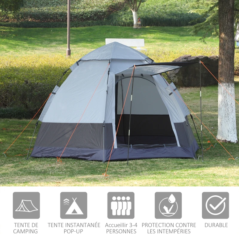Outsunny Tente pop up tente de camping 3-4 pers. tente dôme étanche légère ventilée facile à monter 2 grandes portes dim. 2,6L x 2,6l x 1,5H m fibre verre polyester oxford noir gris