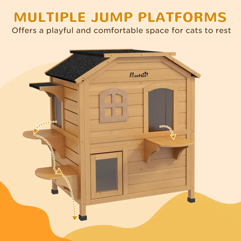 PawHut 2-story Cat House Outdoor, Weatherproof Wooden Cat Enclosure for Feral Cats with Escape Door, Openable Roof, Jumping Platforms, Natural Wood Finish