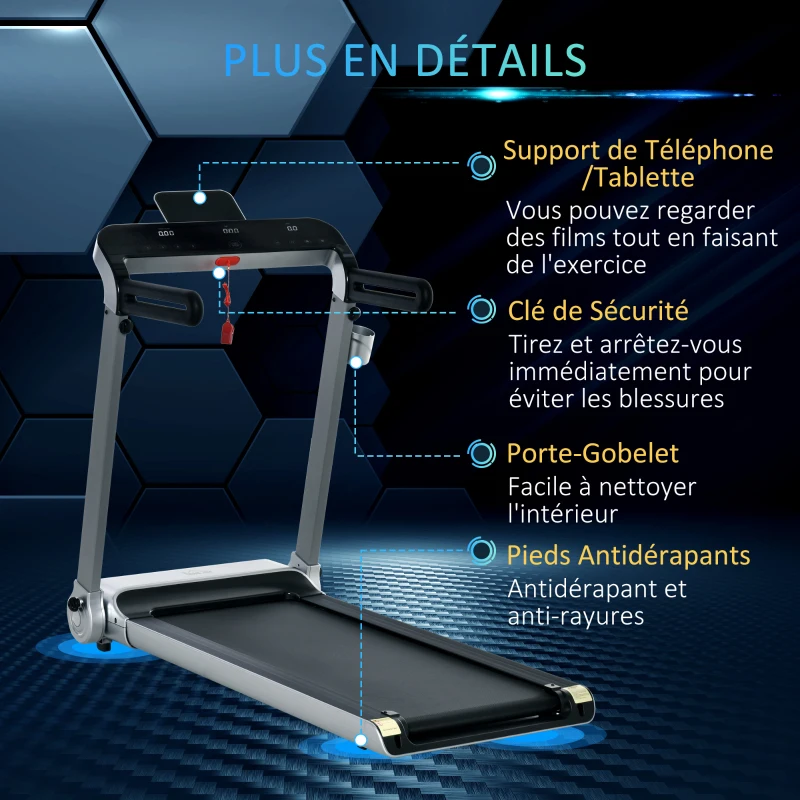 HOMCOM Tapis de course électrique pliable 1-15 km/h 735 W tapis roulant écran LED support tablette port USB bande extra-large antidérapant acier PP ABS 158 x 81 x 25 cm noir et argent