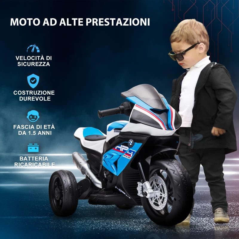 HOMCOM Moto per Bambini 18-60 Mesi Modello BMW HP4 con Fari, Musica e Pedali, in PP e Metallo, 82.5x42x54 cm, Blu