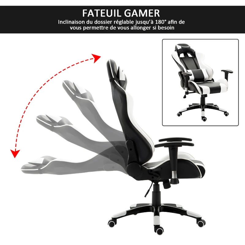 HOMCOM Fauteuil de bureau manager grand confort style baquet Racing pivotant inclinable avec coussins blanc noir