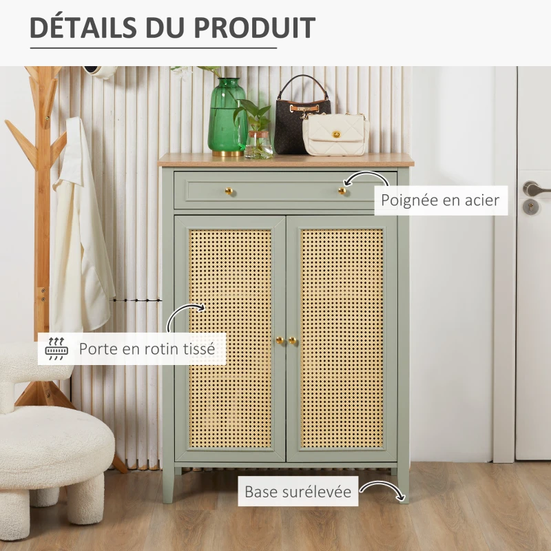 HOMCOM Meuble à chaussures meuble de rangement à chaussures meuble d'entrée avec 2 portes effet cannage tiroir 80 x 40 x 110 cm(m-6)