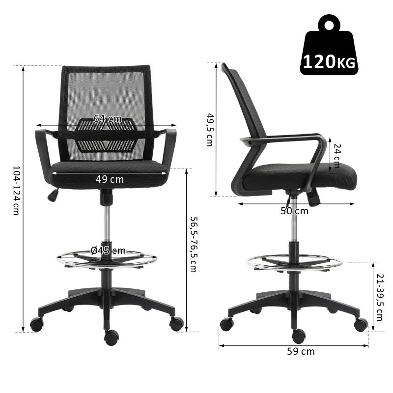 Vinsetto Fauteuil de bureau chaise de bureau assise haute réglable dim. 64L x 59l x 104-124H cm tabouret de bureau pivotant 360° maille respirante noir