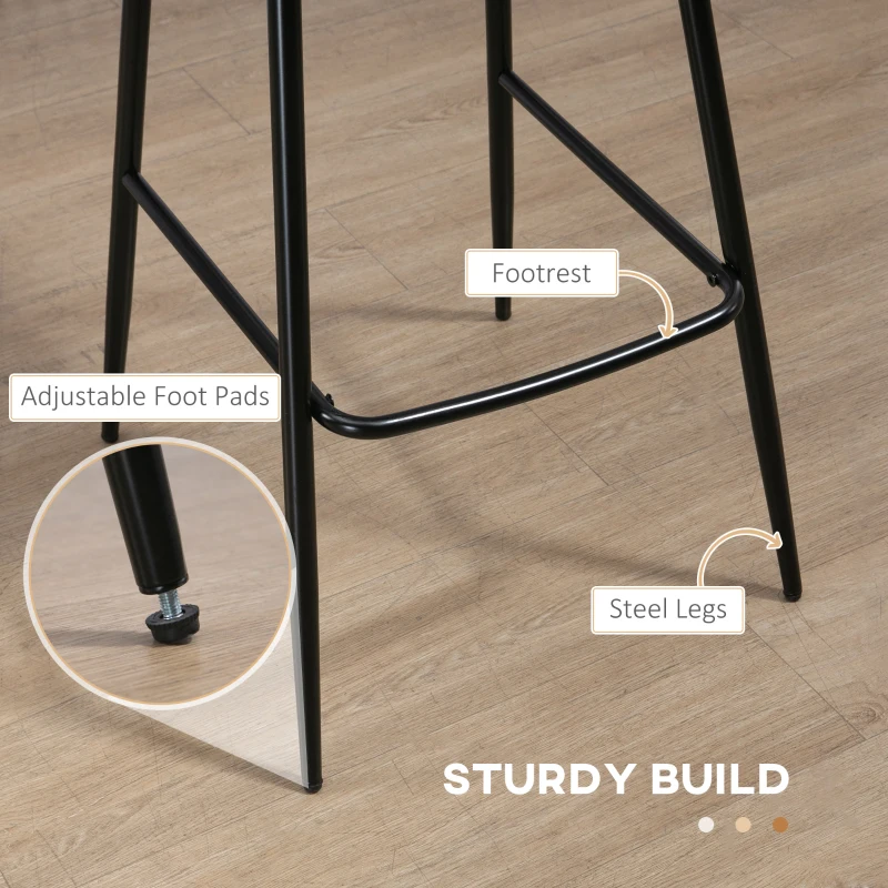 HOMCOM Bar Stools Set of 2, PU Leather Upholstered Bar Chairs, Breakfast Kitchen Counter Chairs with Backs, Steel Legs and Footrests for Dining Room, Brown