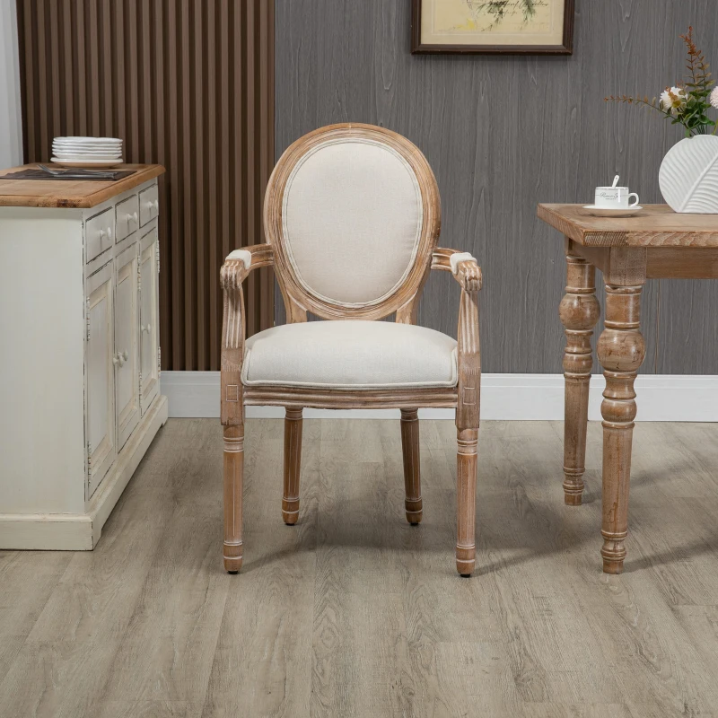 HOMCOM Lot de 2 chaises de Salle à Manger Chaise de Salon médaillon Style Louis XVI Bois Massif patiné sculpté Tissu Lin Crème