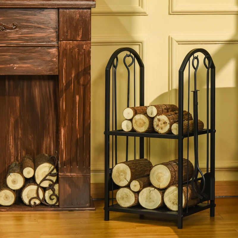 Outsunny Porte-bûches range bûches 2 niveaux étagère à bois de cheminée serviteur de cheminée multi-accessoires 2 étagères dim. 41,5L x 32,5l x 74,5H cm métal noir