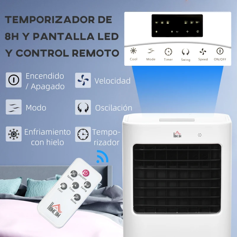 HOMCOM Enfriador de Aire Portátil Silencioso Aire Acondicionado con Pantalla LED y Control Remoto 32x37x74 cm Blanco