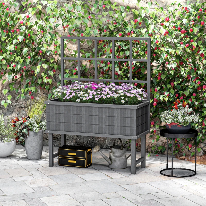 Outsunny 45 x 105cm Wooden Garden Planter, with Trellis - Grey
