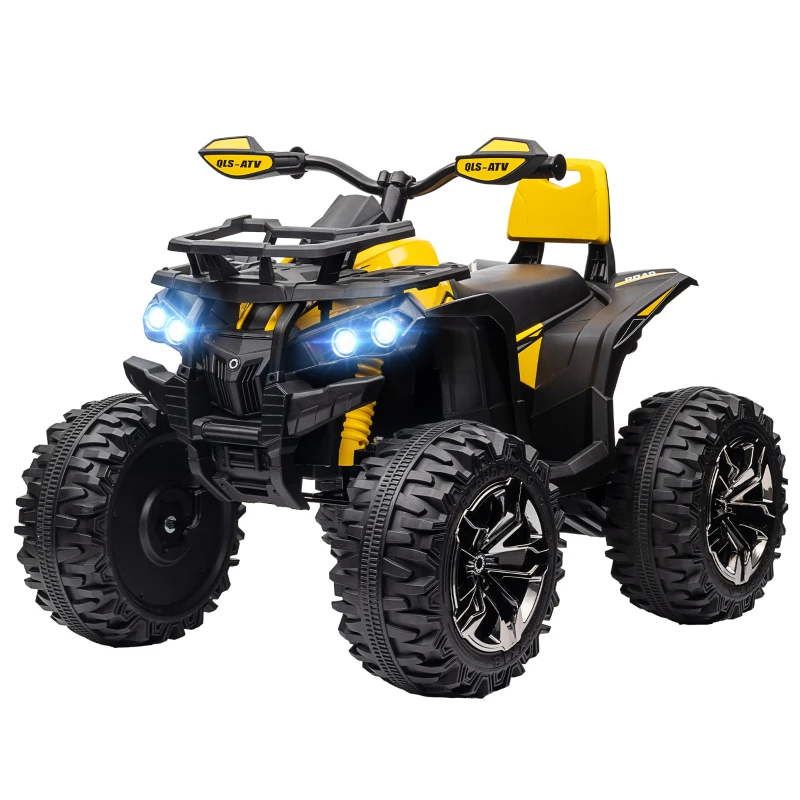 HOMCOM 12V Quad Bike ATV with LED Lights, Music, Backrest, Forward, Backward, Yellow