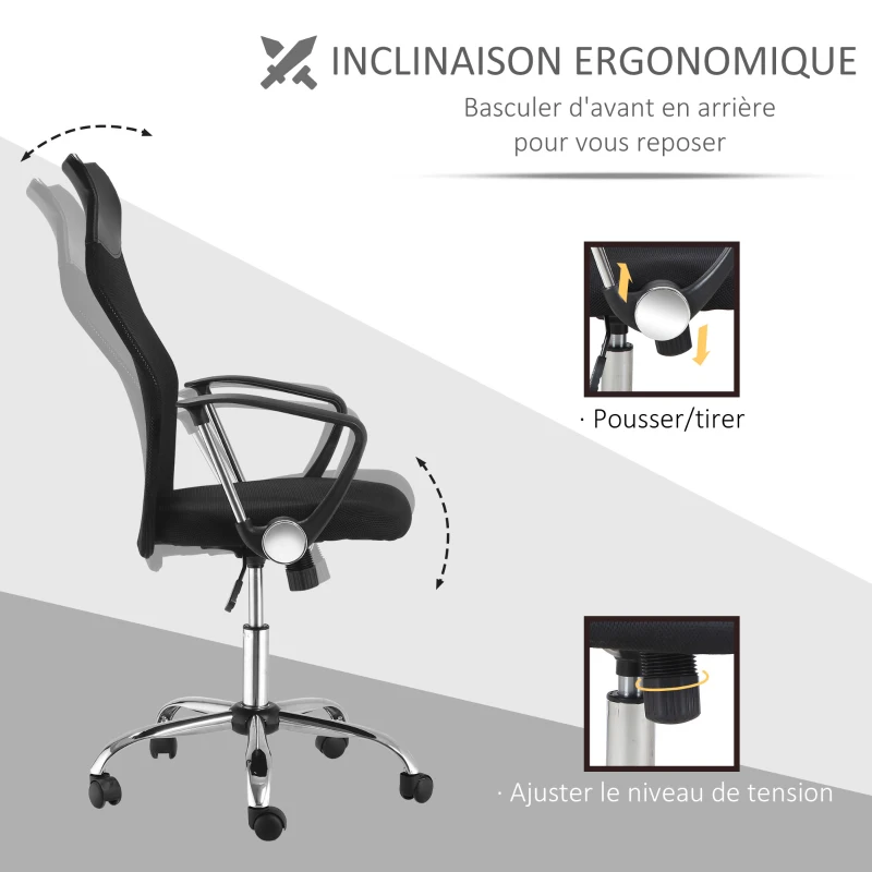 HOMCOM Lot de 2 fauteuils de bureau manager dossier ergonomique hauteur assise réglable pivotant tissu maille noir