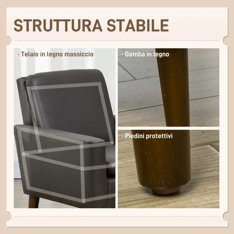 HOMCOM Poltrona per Salotto Imbottita, Poltrona Moderna in Finta Pelle e Legno, 75x78x81 cm, Marrone