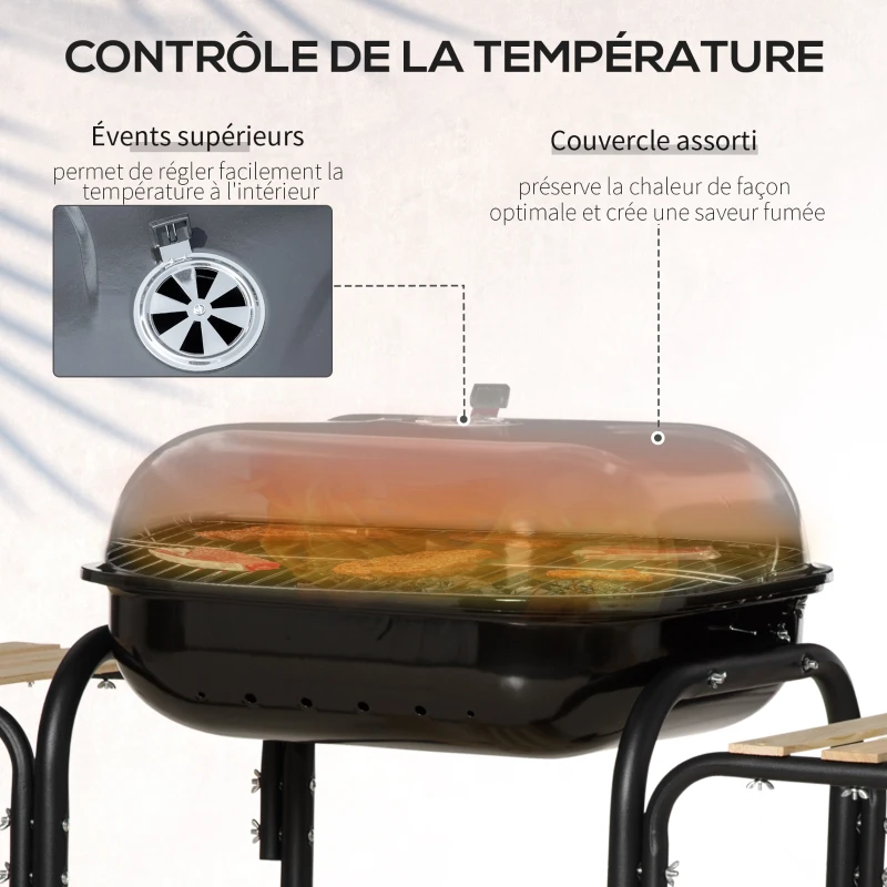 Outsunny Barbecue à charbon BBQ avec 2 roues, ustensiles, couvercle et étagères dim. 113L x 62l x 97H cm - métal émaillé noir