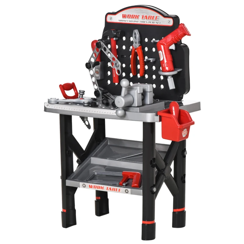 HOMCOM Etabli et Outils pour Enfant - Jeu d'imitation Bricolage - Nombreux Accessoires Plus de 50 pièces & Outils variés - PP Noir Gris Rouge
