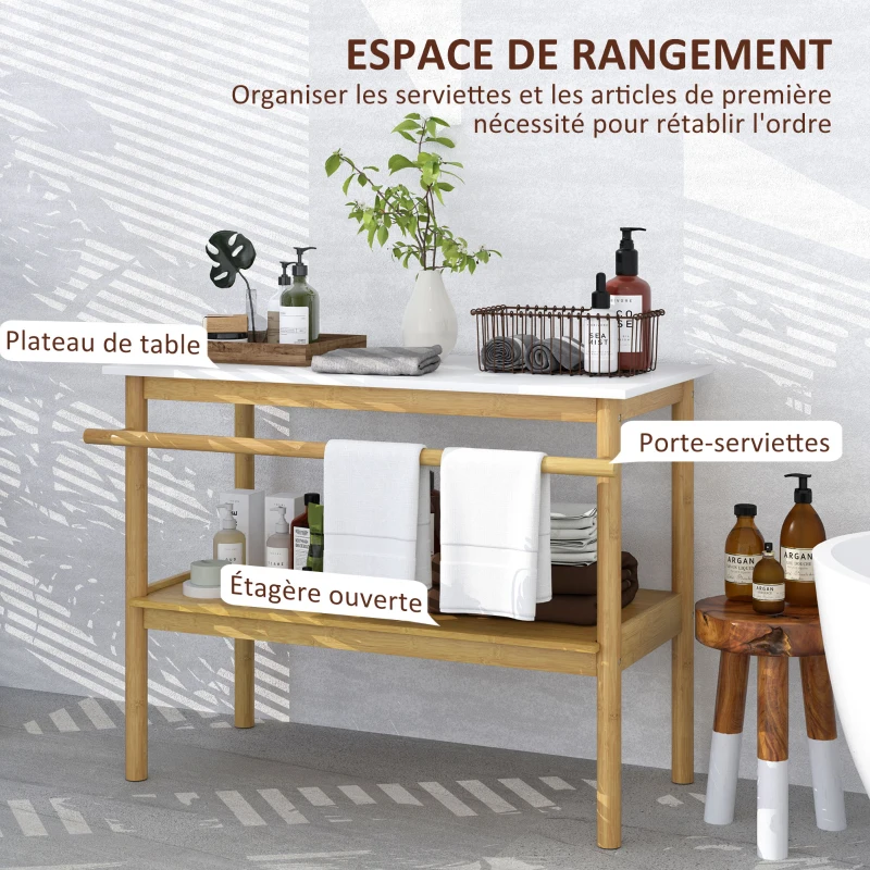 HOMCOM Étagère salle de bain rangement, meuble salle de bain en bambou à 2 niveaux avec barre porte-serviettes étagère ouverte