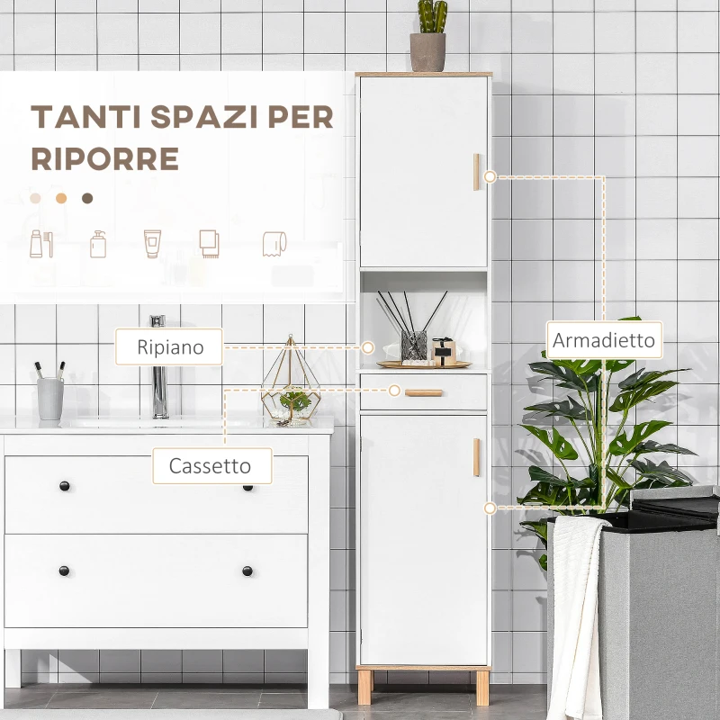 kleankin Mobile Bagno Salvaspazio in Legno, Mobile a Colonna con Armadietti e Cassetto, 39x30x180cm, Bianco
