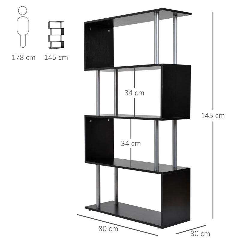HOMCOM Librería en Forma S Estantería para Libros de 4 Niveles Mueble Estantería para Salón Oficina Estudio 80x30x145 cm Negro