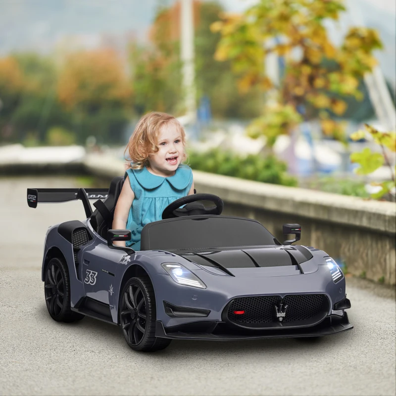 AIYAPLAY Maserati GT2 Licensed 12V Kids Electric Ride on Car with 4 Suspension Wheels, Remote Control, Music, Horn, Lights, Grey