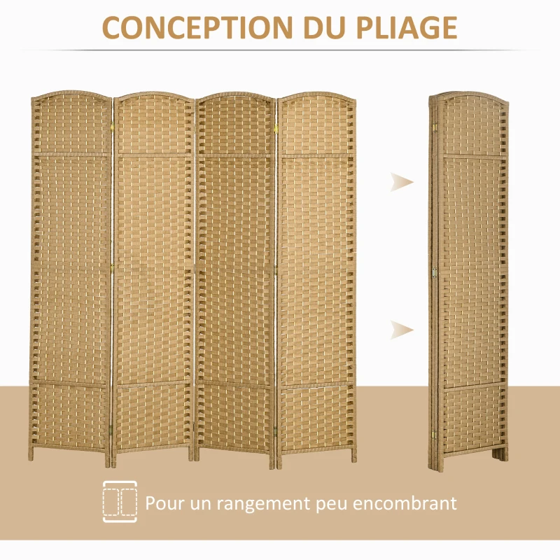 HOMCOM Paravent interieur en bois 4 panneaux 160 x 170 cm séparateur de pièce pliable pour salon, chambre à coucher, naturel
