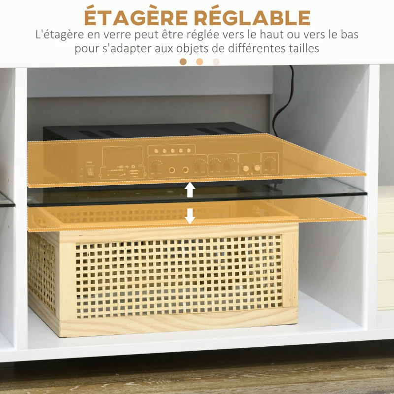 HOMCOM Meuble TV avec lumières LED 2 étagères en verre trempé pour télévision jusqu'à 60 pouces 145 x 40 x 45 cm blanc