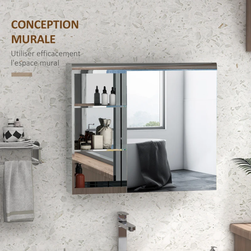 HOMCOM Armoire murale de salle de bain miroir placard de rangement 1 porte 3 niveaux étagère réglable 70 x 13 x 60 cm