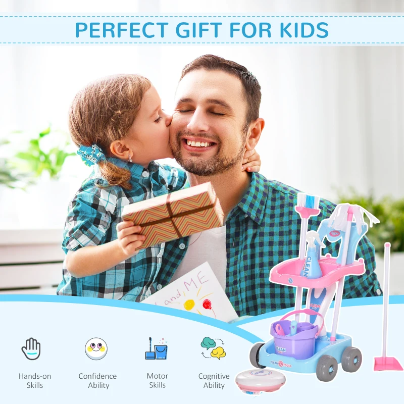HOMCOM 23 PCS Kids Toy Cleaning Trolley Set Pretend Play Kit, Little Helper Tools, Sweeper Robert w/ Music & Light, Includes Broom, Mop, Bucket for 3-6 Years