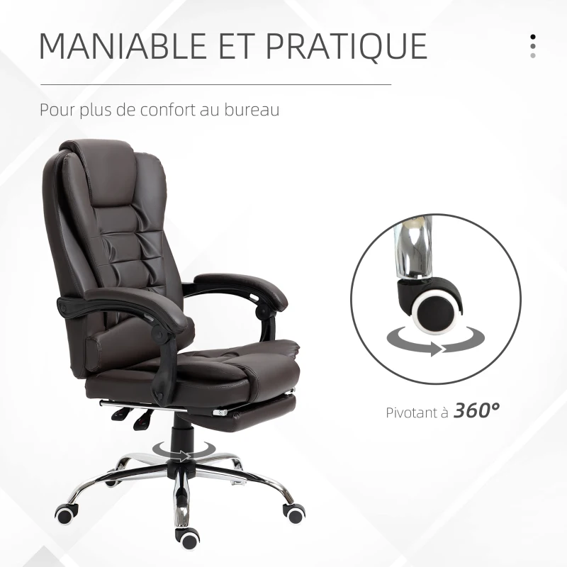 HOMCOM Fauteuil de bureau fauteuil manager grand confort dossier inclinable roulettes P.U 64,5 x 69 x 117 cm Café