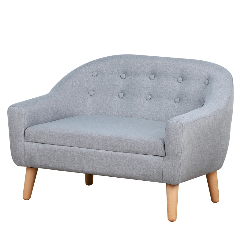HOMCOM Fauteuil Enfant Canapé Chaise Enfant Design scandinave Grand Confort Dossier capitonné 10 Boutons piètement effilé Aspect Bois Clair revêtement Lin dim. 76L x 51P x 53,5H cm Gris Clair