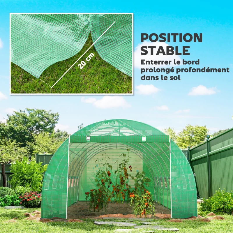 Outsunny Serre de jardin tunnel 24m² 8L x 3l x 2H m - 16 fenêtres, Porte zippée enroulable acier galvanisé, bâche PE, Vert